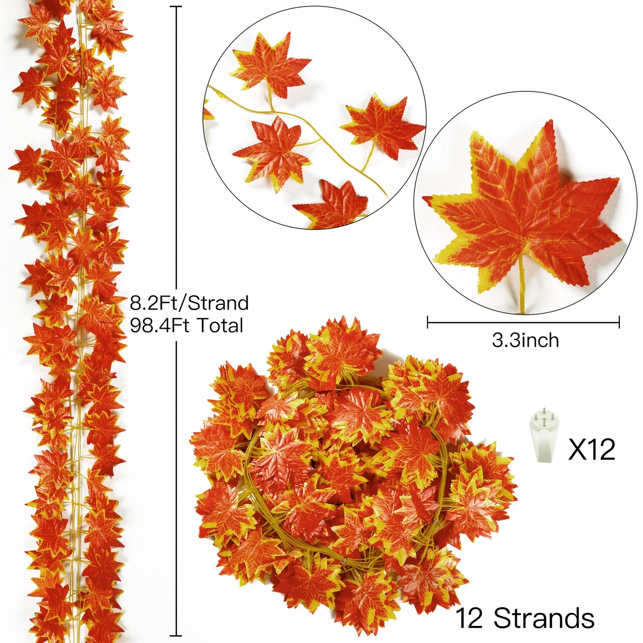 12 Pieces 92Ft Fall Leaf Garland Artificial Maple Leaves Garland Silk Autumn Hanging Vines Red Ivy Garland for Thanksgiving Home Wedding Party Garden Fireplace Christmas Decor
